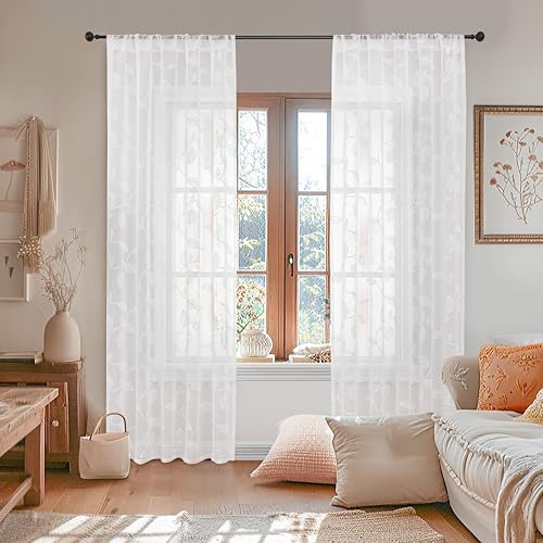 Miniatura 2 de YoungsTex Cortinas traslúcidas blancas bordadas de 84 pulgadas de largo, juego de 2 paneles de lino sintético con ojales, filtrantes de luz,