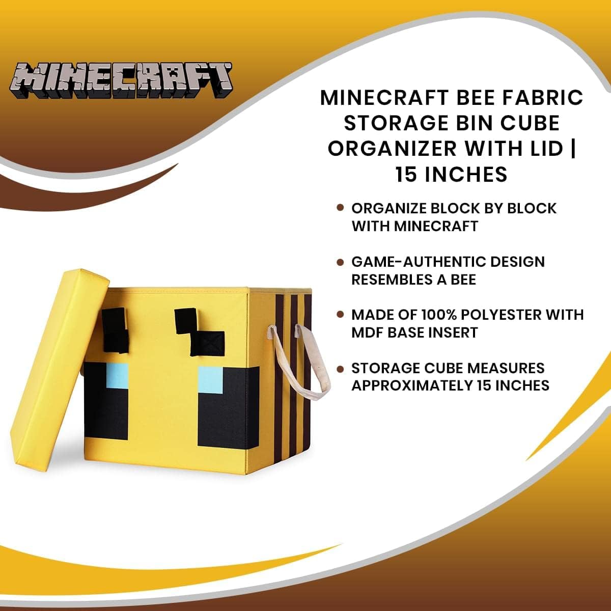 Minecraft Bee 15-Inch Storage Bin Chest with Lid | Foldable Fabric Basket Container, Cube Organizer with Handles, Cubby Closet Organizer | Video Game Gifts and Collectibles