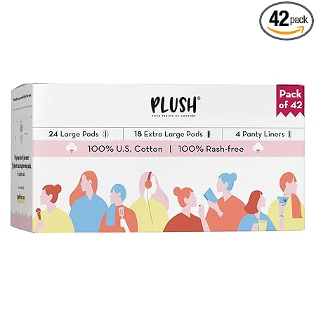 Plush Ultra-Thin Sanitary Pads for Women, 42 Pcs | SUPER SAVER PACK | 24 L (Light Flow), 18 XL (Medium Flow), 4 Panty Liners | 100% Rash-Free | Pure U.S. Cotton Pads | Affordable Sanitary Napkins
