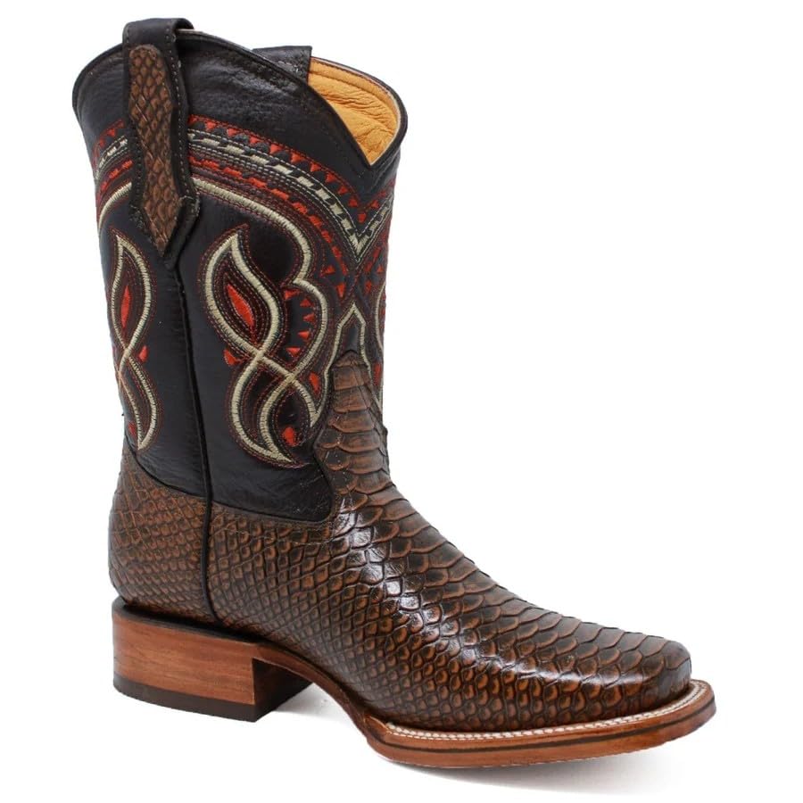 Men’s Exotic Snakeskin Genuine Leather Python Print Square Toe Cowboy Western Boots - Honey