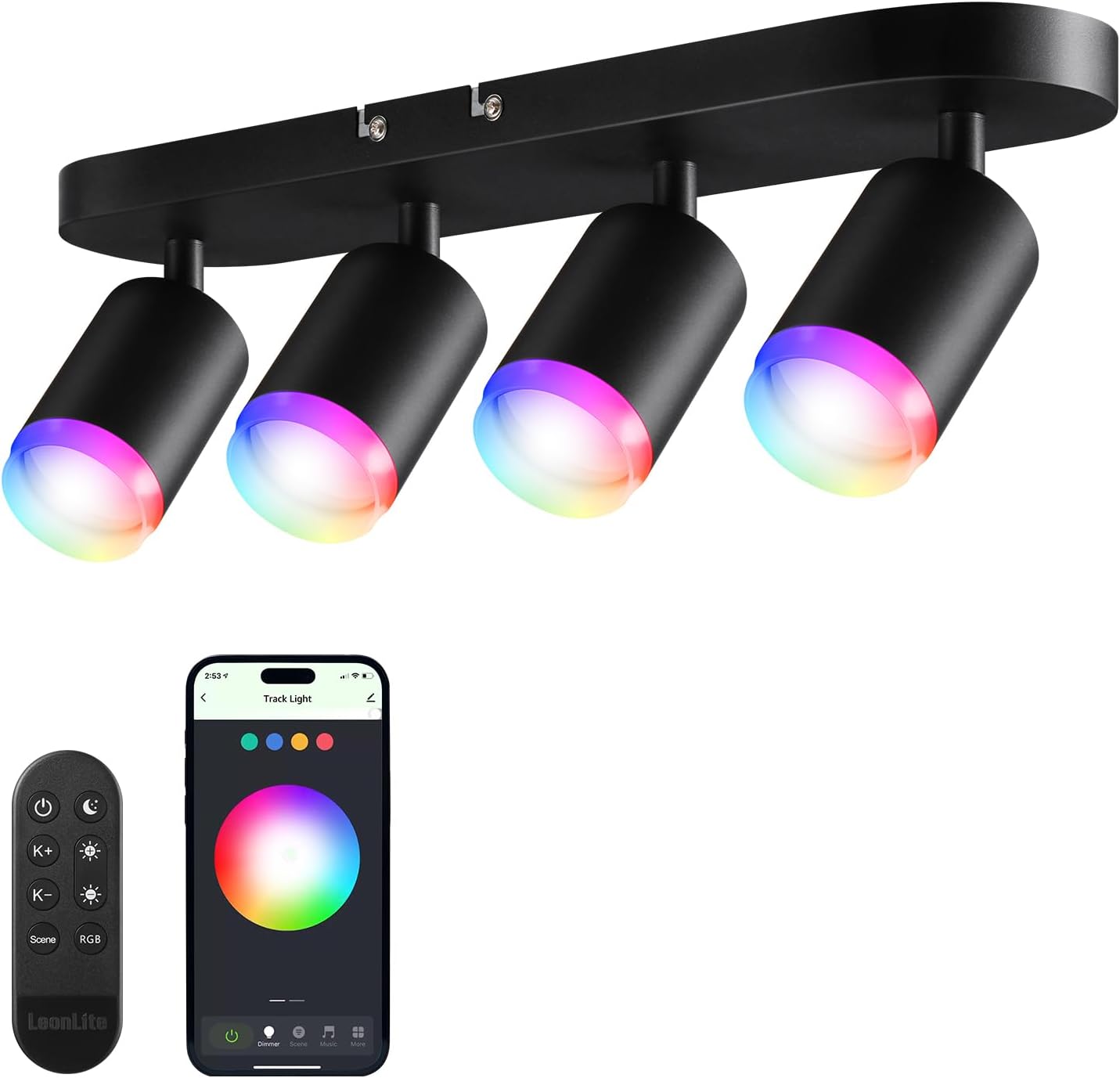 LEONLITE Smart RGB LED Track Light Fixture, Dimmable 30W 4-Light Ceiling Spot Light with Remote, Work with 2.4GHz WiFi, APP Voice Control, CTI90, 16 Million Colors, Aluminum, 2400K-5000K, Black LEONLITE Smart RGB LED Track Light Fixture, Dimmable 30W 4-Light Ceiling Spot Light with Remote, Work with 2.4GHz WiFi, APP Voice Control, CTI90, 16 Million Colors, Aluminum, 2400K-5000K, Black