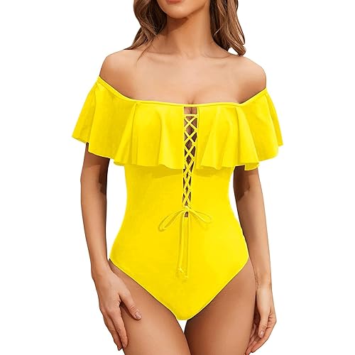 Tempt Me Women Sexy One Piece Swimsuits Ruffled Off Shoulder Lace Up Bathing Suit