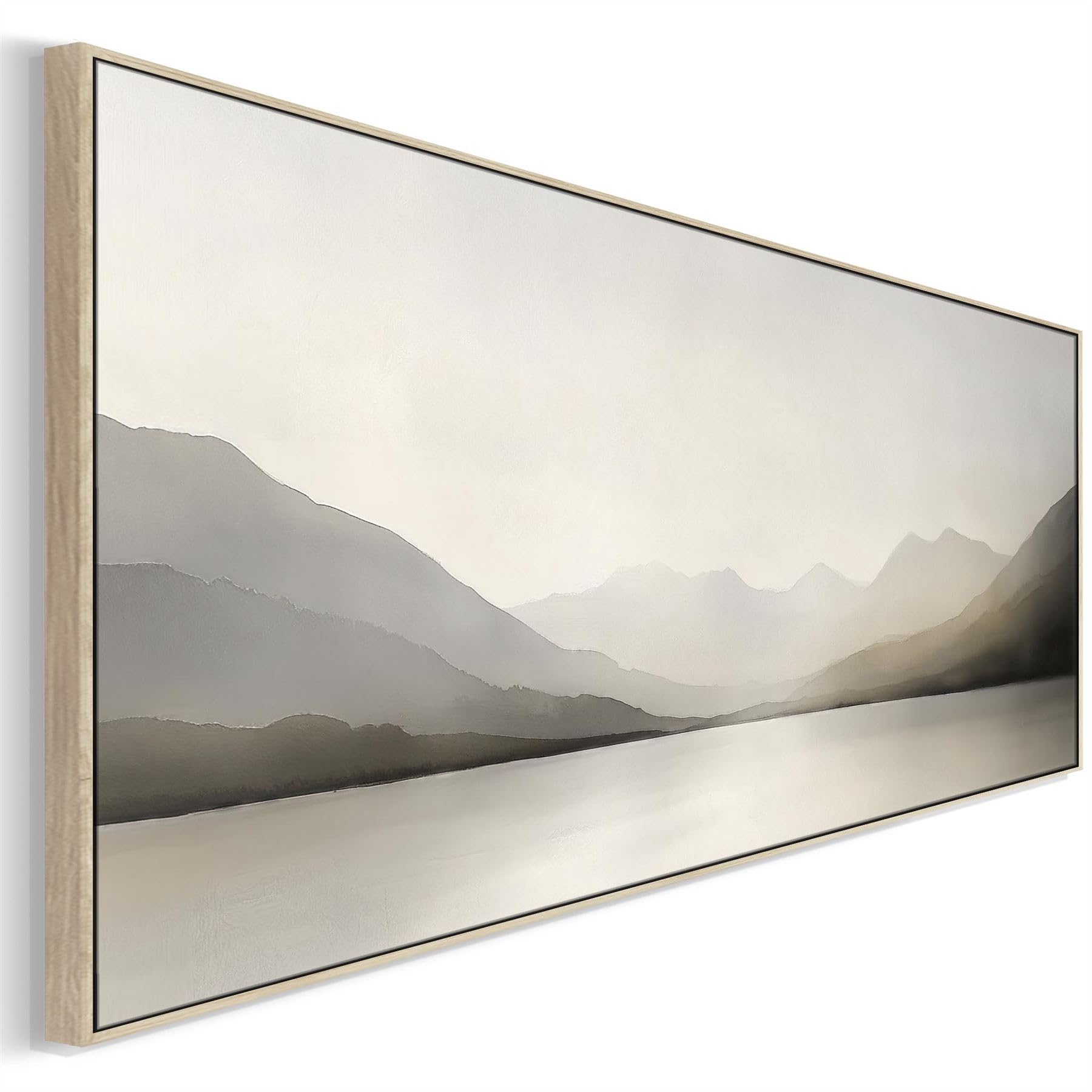Wallfillers Neutral Beige Neutral Greige Horizontal Bedroom Wall Art Over Bed Wide Framed Canvas Panoramic (143 X 52Cm)