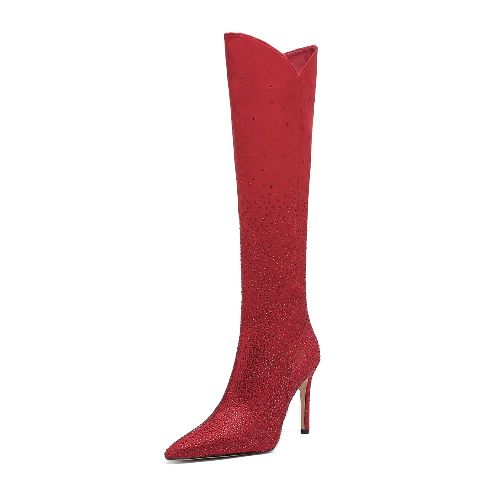 Womens Rhinestone Gradient Knee High Boots - Pointed Toe Stiletto Heel Sparkly Evening Party Dress Boots