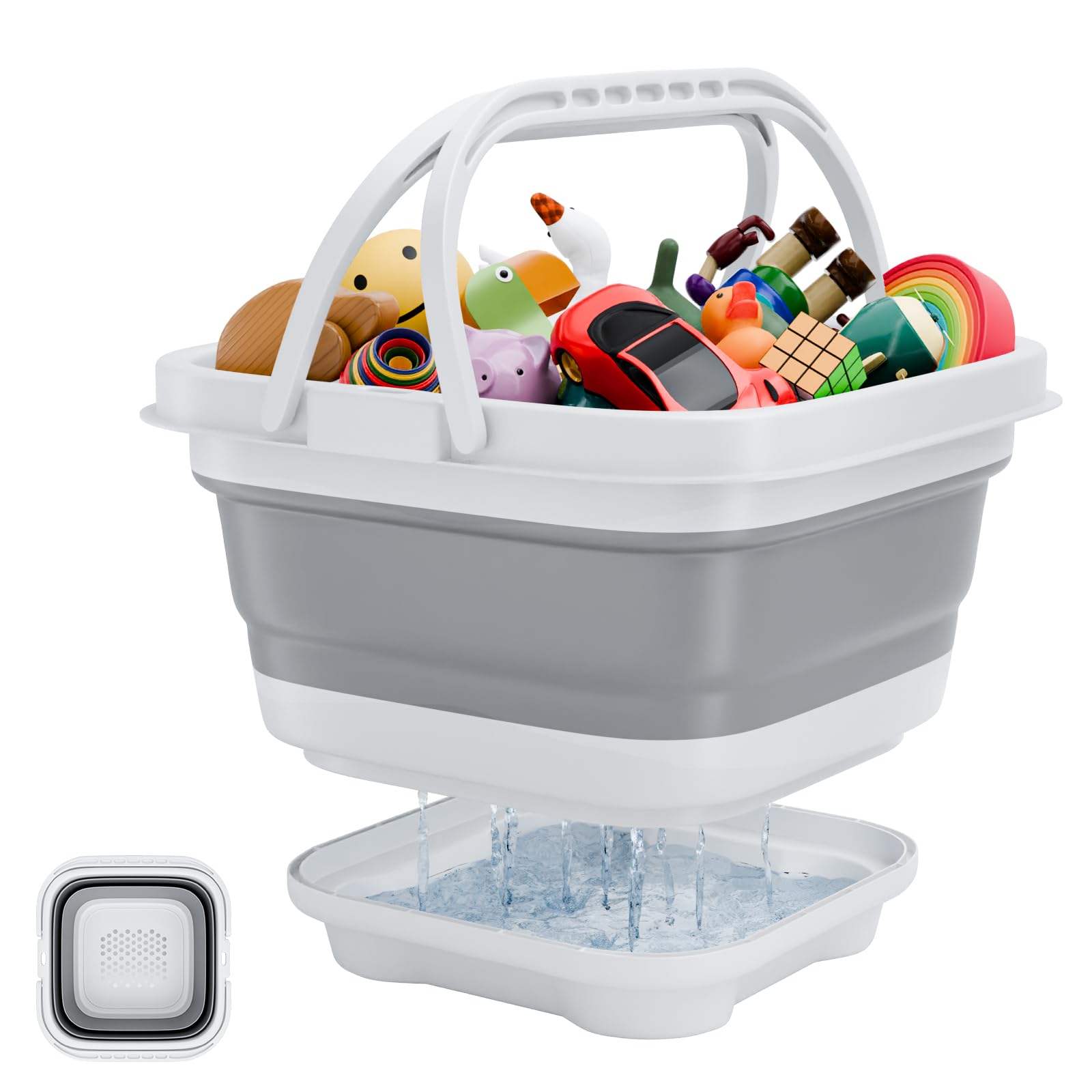 Bath Toy Storage Organizer - Foldable Bath Toy Holder for Bathtub, Bathtub Toy Storage with Removable Drying Base, Bathroom Toy Storage with 2 Hooks