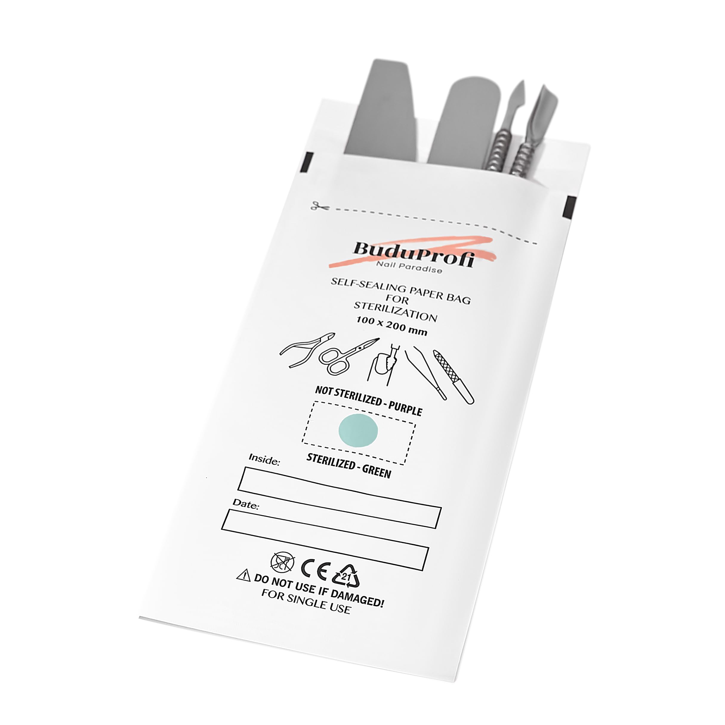 Lot de 100 sacs de stérilisation autoclave et four sec instruments manucure pédicure avec indicateur et scellage (100 x 200 mm, blanc)