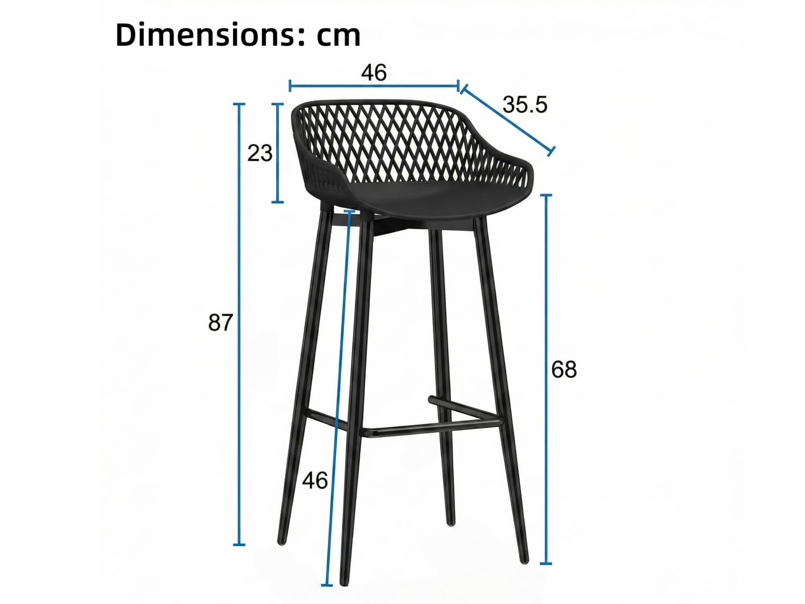 Sgabelli da Bar, Set di 4, con Poggiapiedi e Schienale, Altezza di Seduta di 68cm, Sgabelli Alti, adatti per Cucine, Sale da Pranzo, penisole, Esterno, Giardino e Bar, Nero