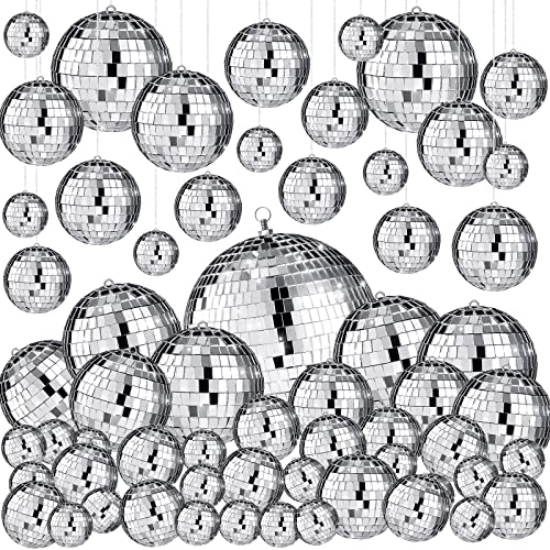 Funtery 100 Pcs Bulk Silver Mirror Disco Ball Ornaments in Various Sizes Hanging Disco Balls Decorations for Christmas Tree Dance Music 50s 60s 70s Themed Party