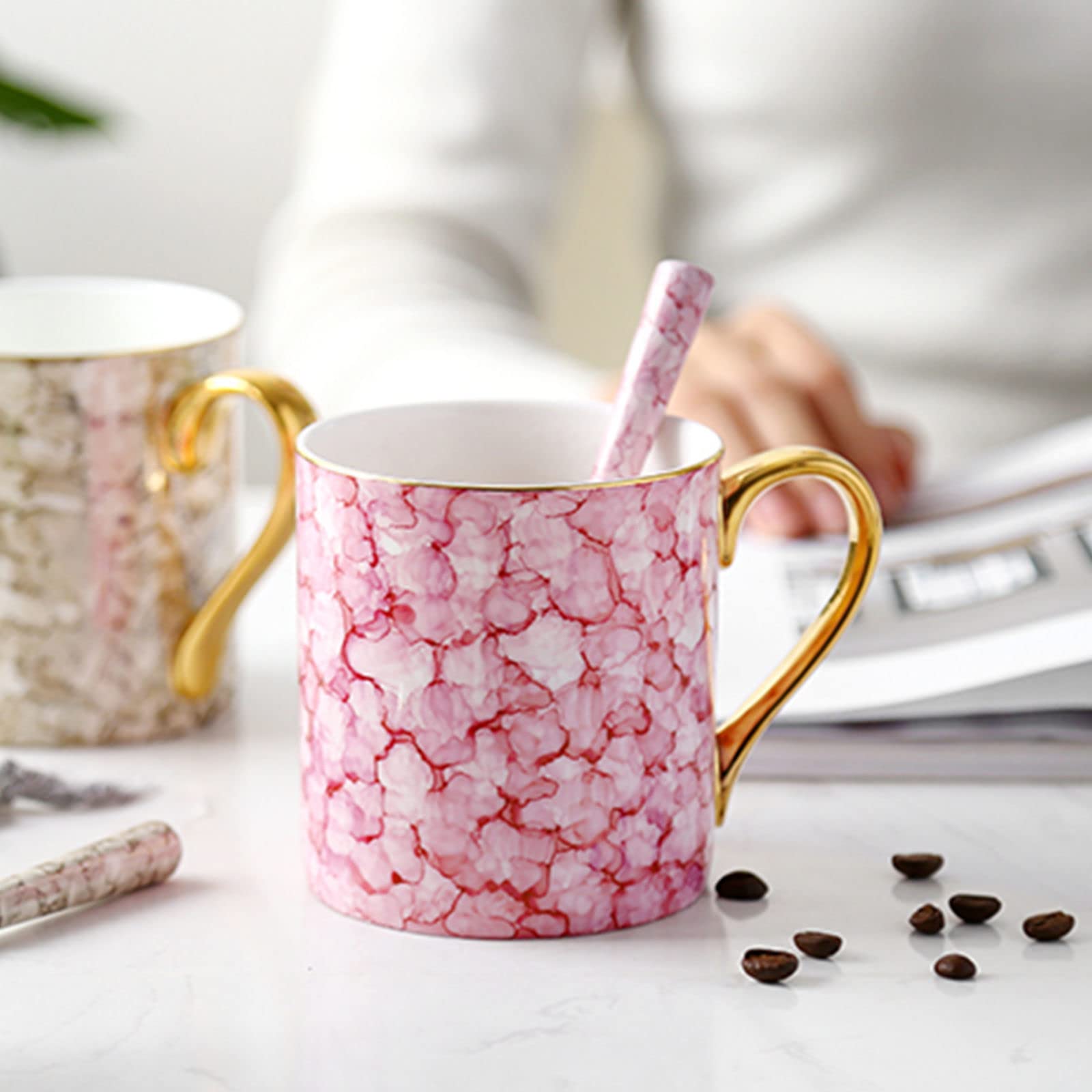 Persönliche Kaffeebecher, Keramiktasse, Kaffeetasse, 380 ml, Marmormuster, große Kaffeetasse, Keramiktasse mit Henkel, Mikrowellentasse, for Hafer, Milch, Kaffee, Tee, Rosa (Color : Pink)