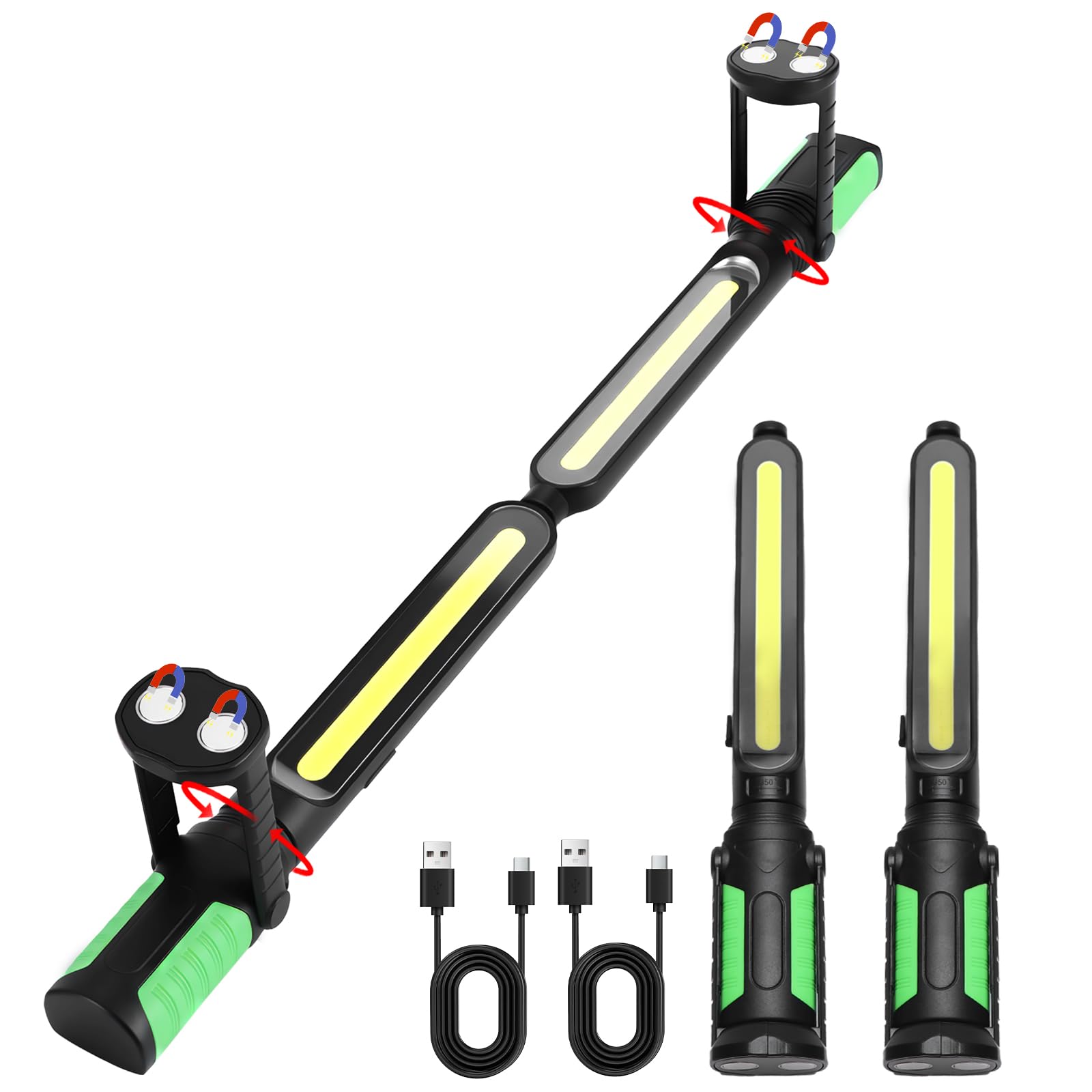 2400LM helle LED-Arbeitsleuchte, 2 × 2200 mAh wiederaufladbar, magnetisch, unter der Motorhaube, Arbeitsleuchte mit Haken & 360° schwenkbarer Basis, 5 Modi Mechanikerleuchten für Autoreparatur