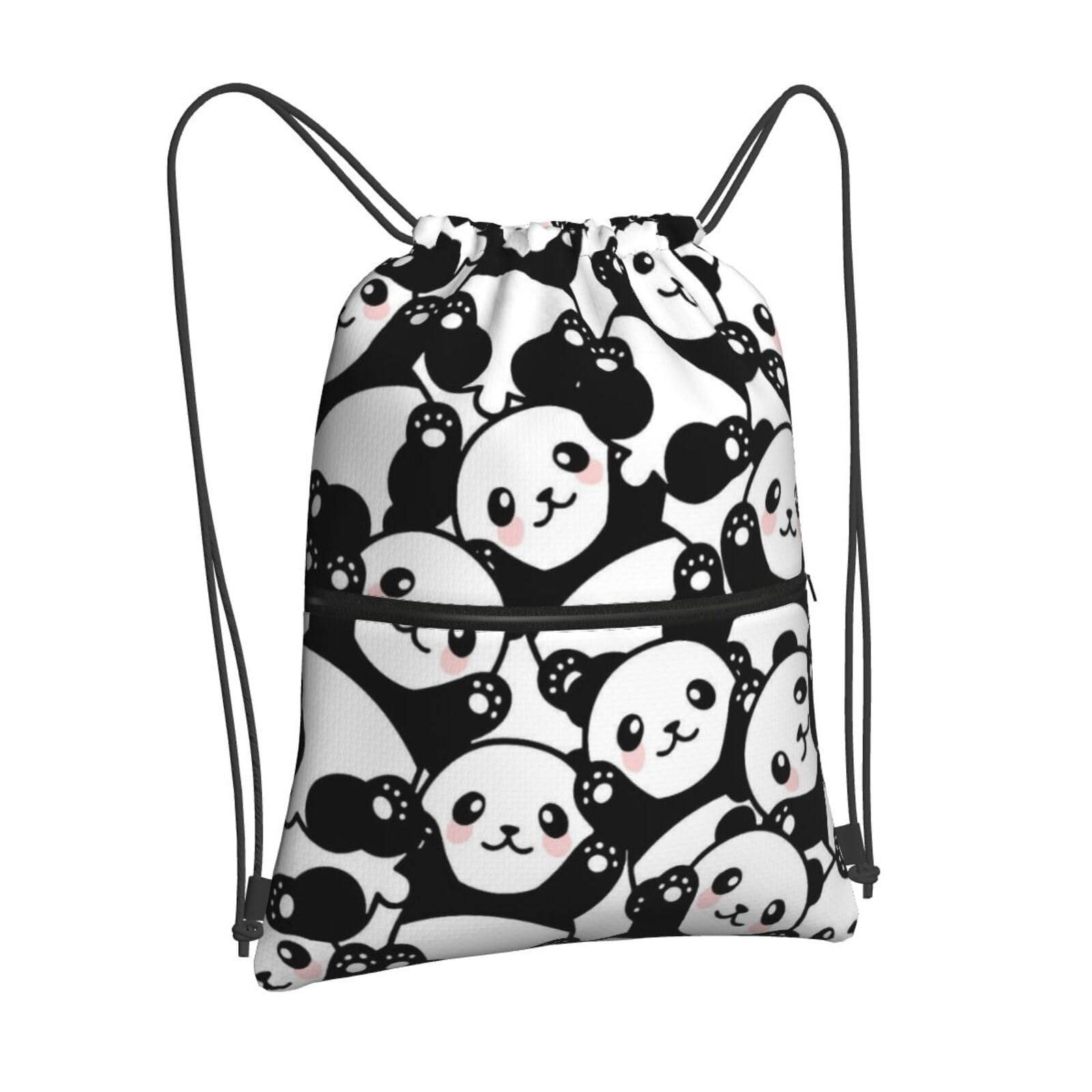 Newhomestyle Outdoor Sports Panda Drawstring Backpack, Waterproof Drawstring Bag for Gym Sports Teams Panda Party, Women Men Durable Sackpack Bag with Front Zipper Pocket and Inside Zipper Pocket