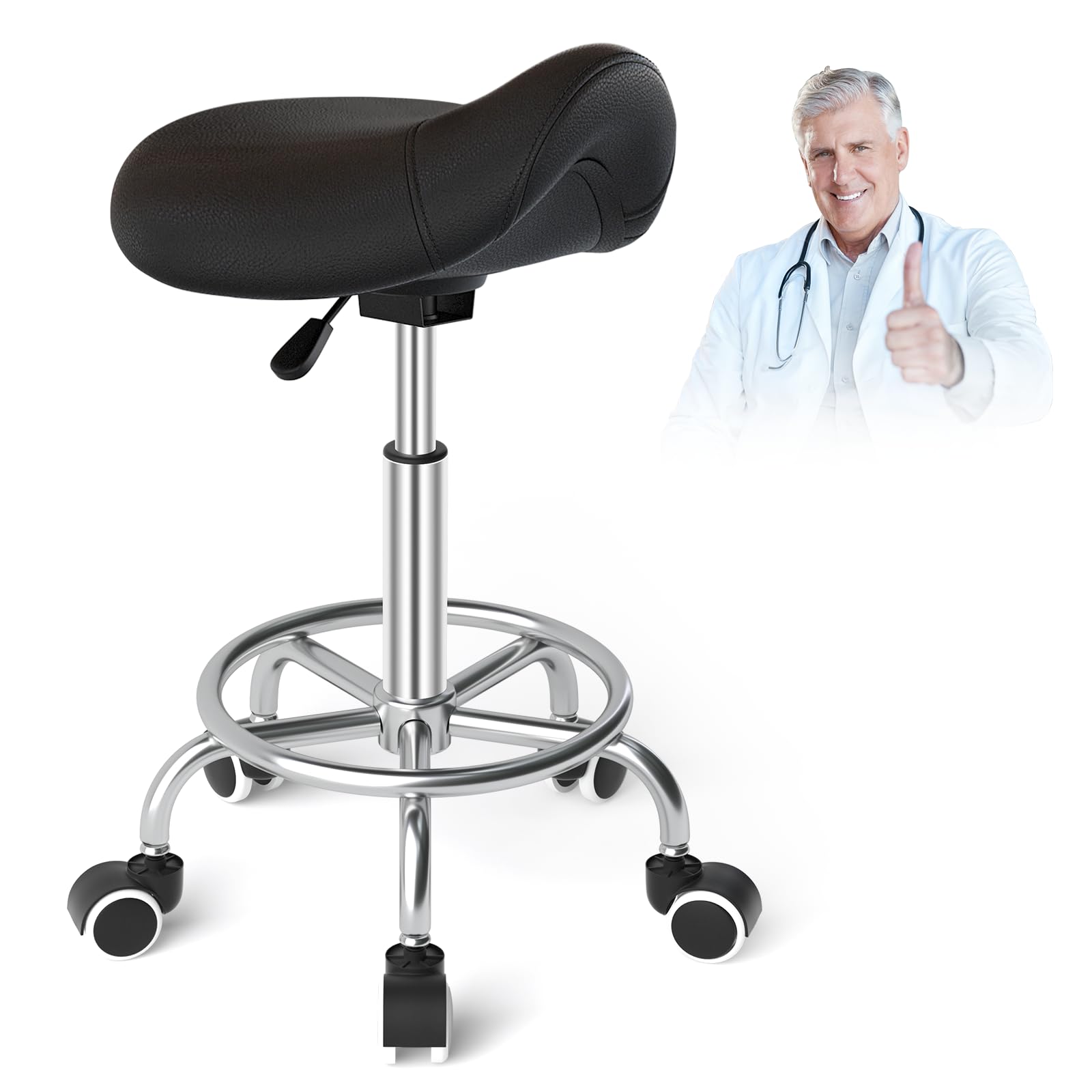 Tabouret de selle de cheval anti-mal de dos, tabouret ergonomique avec roues, tabouret esthétique réglable en hauteur de 46 à 59 cm, tabouret avec roues rembourrées pour dentiste (noir)