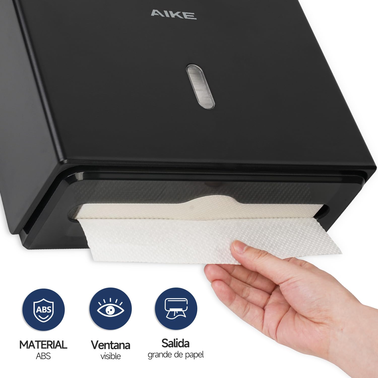 AIKE Dispensador Papel Secamano Pared 200+ Hojas Pliegue Z Toallas Multifold 25.4x7.8 cm Negro AK5102