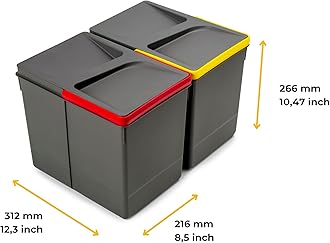 Emuca - Waste bins, waste sorting bin for cut-out base, set of 2 bins height 266mm (10,5 inch) with 15 litres capacity