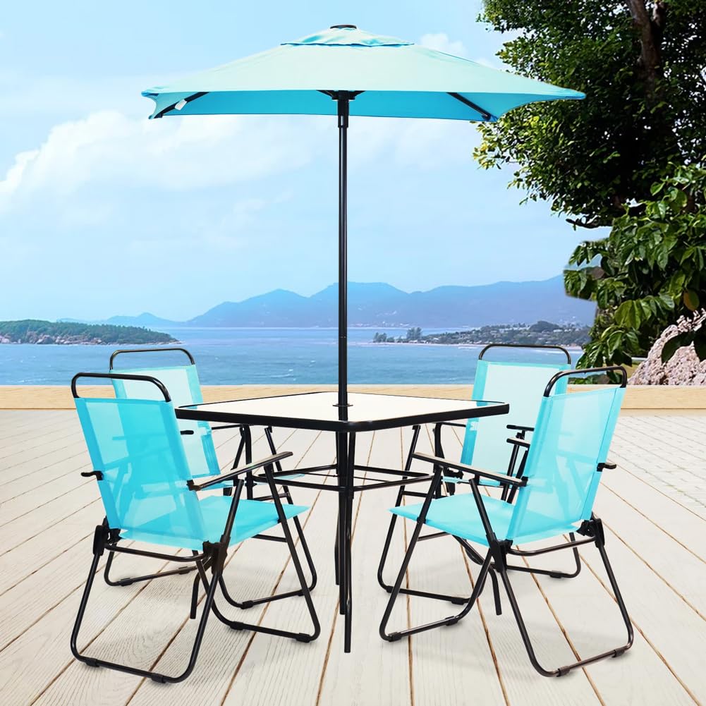 Shally Dogan Set da Pranzo Giardino 6 Pezzi con Ombrellone, 4 Sedie Pieghevoli, Tavolo Vetro Temperato, UV Resistente, Arredamento Esterno