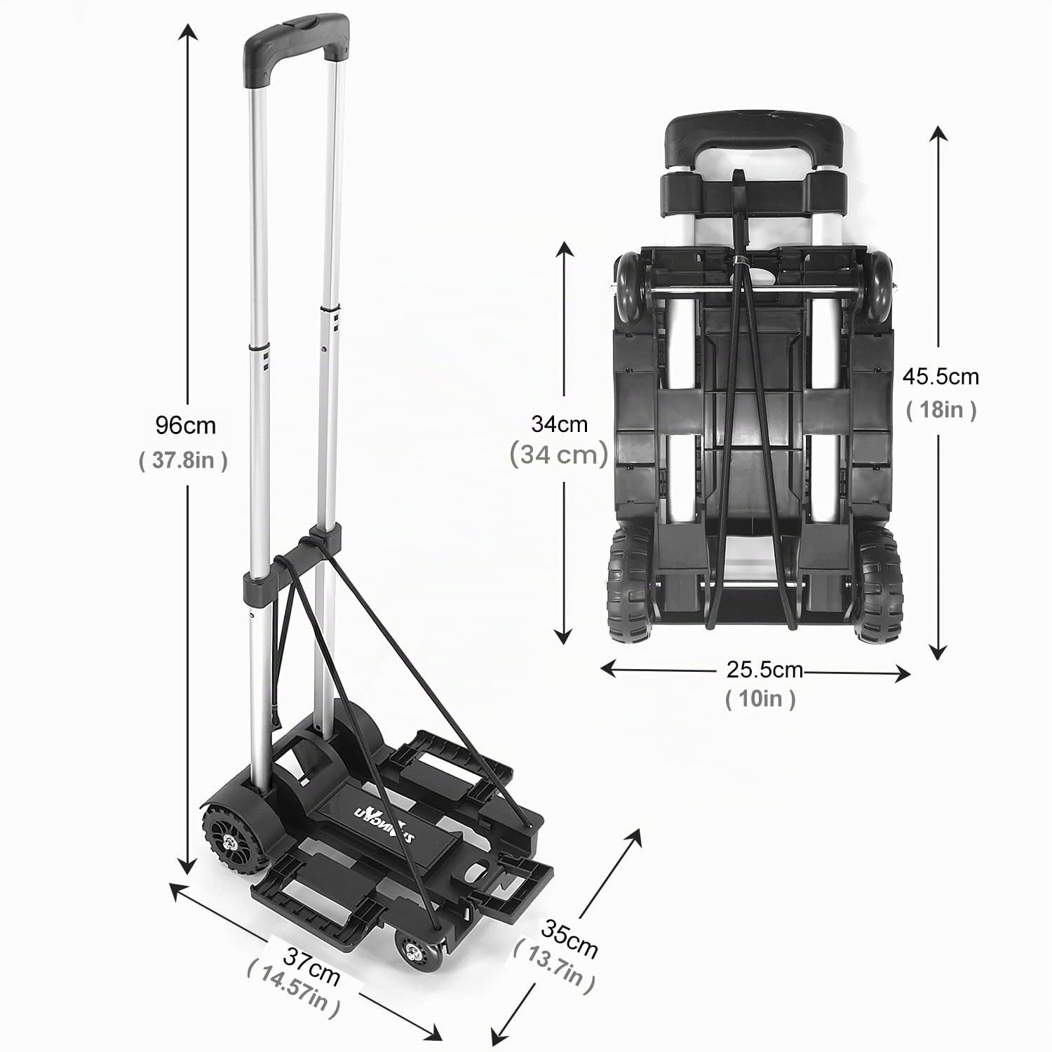 ZHJINGYU Diable Pliant en Aluminium 4 Roues - 45KG Capacité | Léger & Résistant - Extensible + 2 Cordons Elastiques - Diable Pliable pour Déménagement, Coursiers, Voyages & Bureau