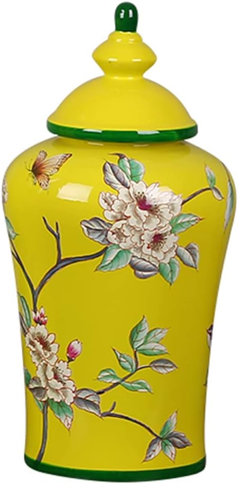 Vase à motifs floraux en céramique jaune avec couvercle S