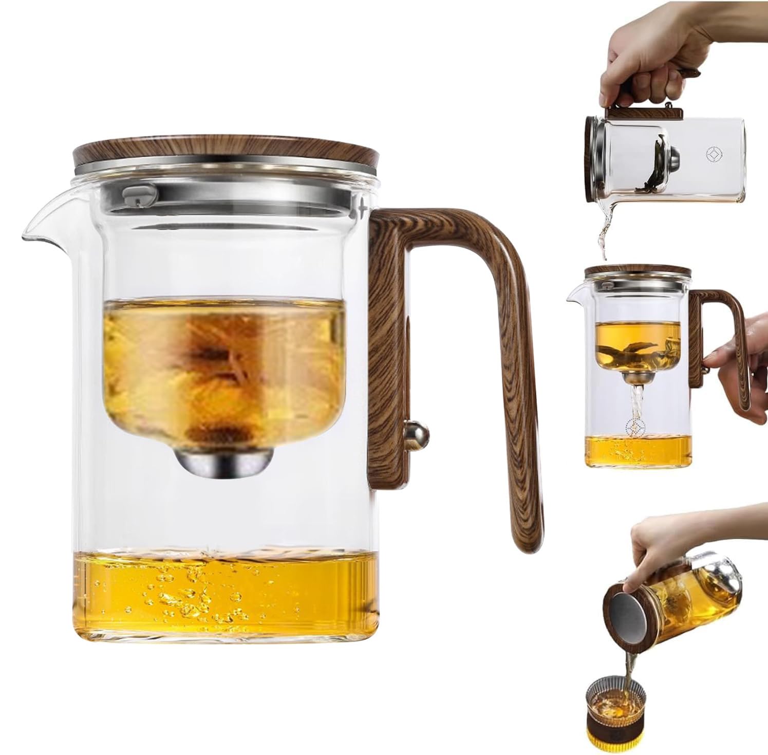 Enchanti Hexerei Teekanne mit Infusor - Glas mit Holzgriff, Wassertrennung, Presse Klar mit Sieb, Enchantipot Magic Tea Pot für Losen Tee, 500mL