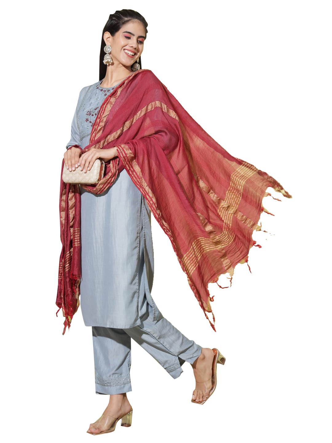 VredeVogel Women's Silk Blend , Viscose Print Kurta Trouser With Dupatta Set