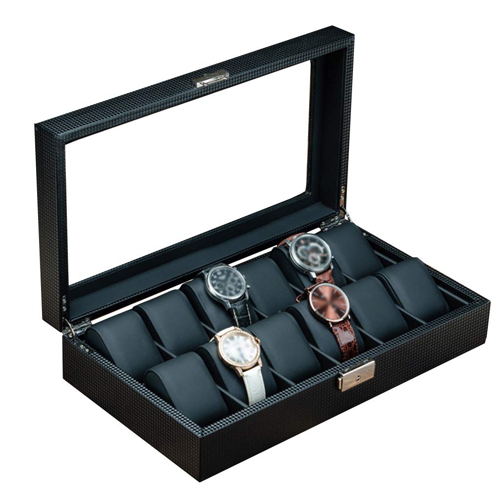 Caja de almacenamiento de relojes para hombres / mujeres Caja de joyería de fibra de carbono con 12 ranuras con almohadas suaves Relojes de pulsera con cerradura Organizador de exhibición de pulseras