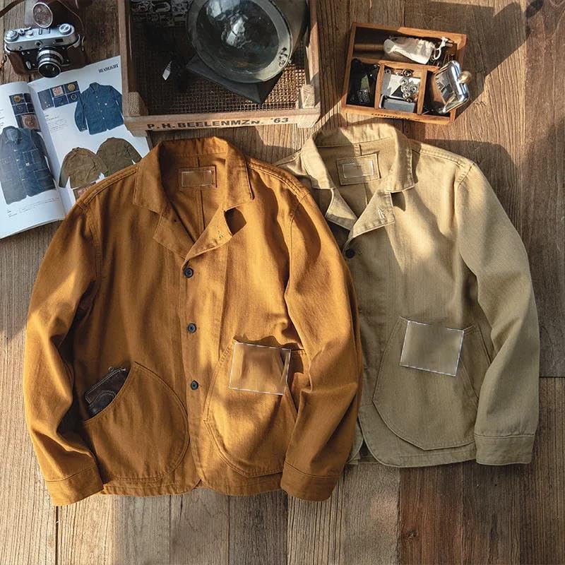 Xingfenly Men' French Hunting Jackets Single-breasted Button Multi-pocket Jacket Casual Cotton Workwear Coats