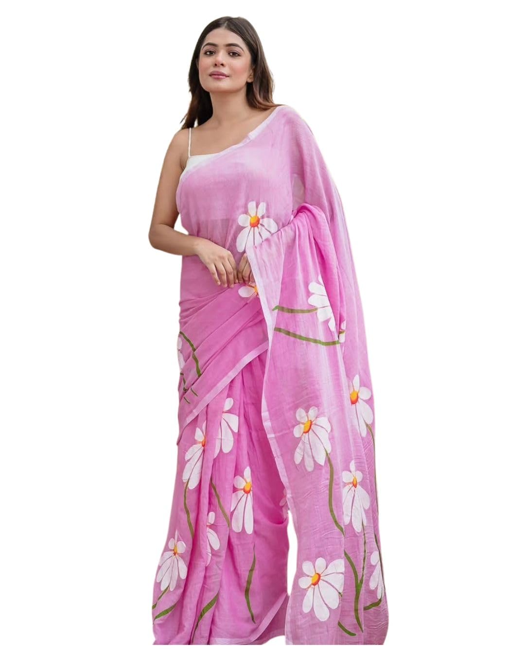 Linen Floral Printed Saree With Latkan Works | Digital Printed Pallu & Zalar | Wax Finish | Printed Blouse Piece Included-image-17