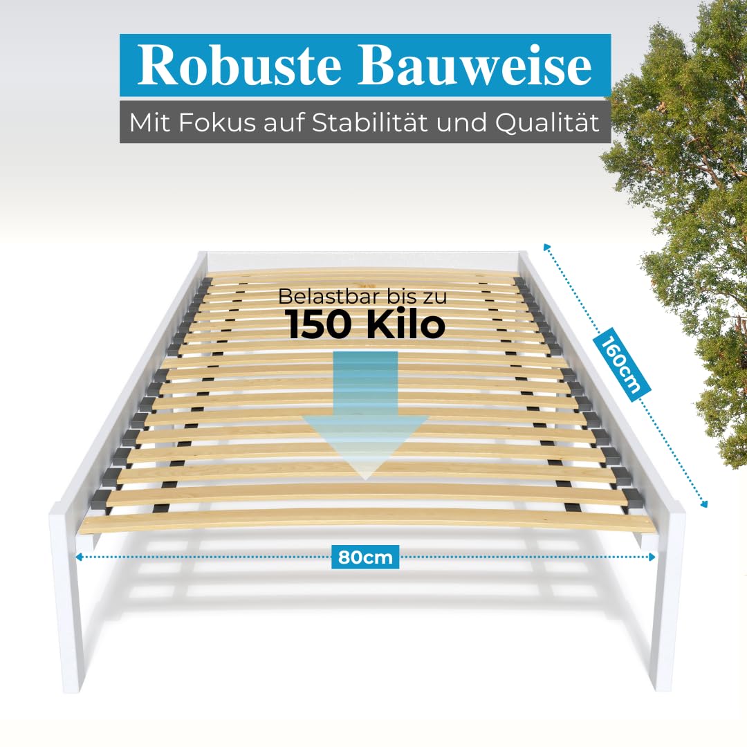 ALAVYA HOME® Sommier à lattes en bois de hêtre massif - Relié avec ruban pour lit d'enfant - Sommier à lattes déroulables avec 16 lattes - Conçu pour les matelas en mousse (80 x 160 cm)