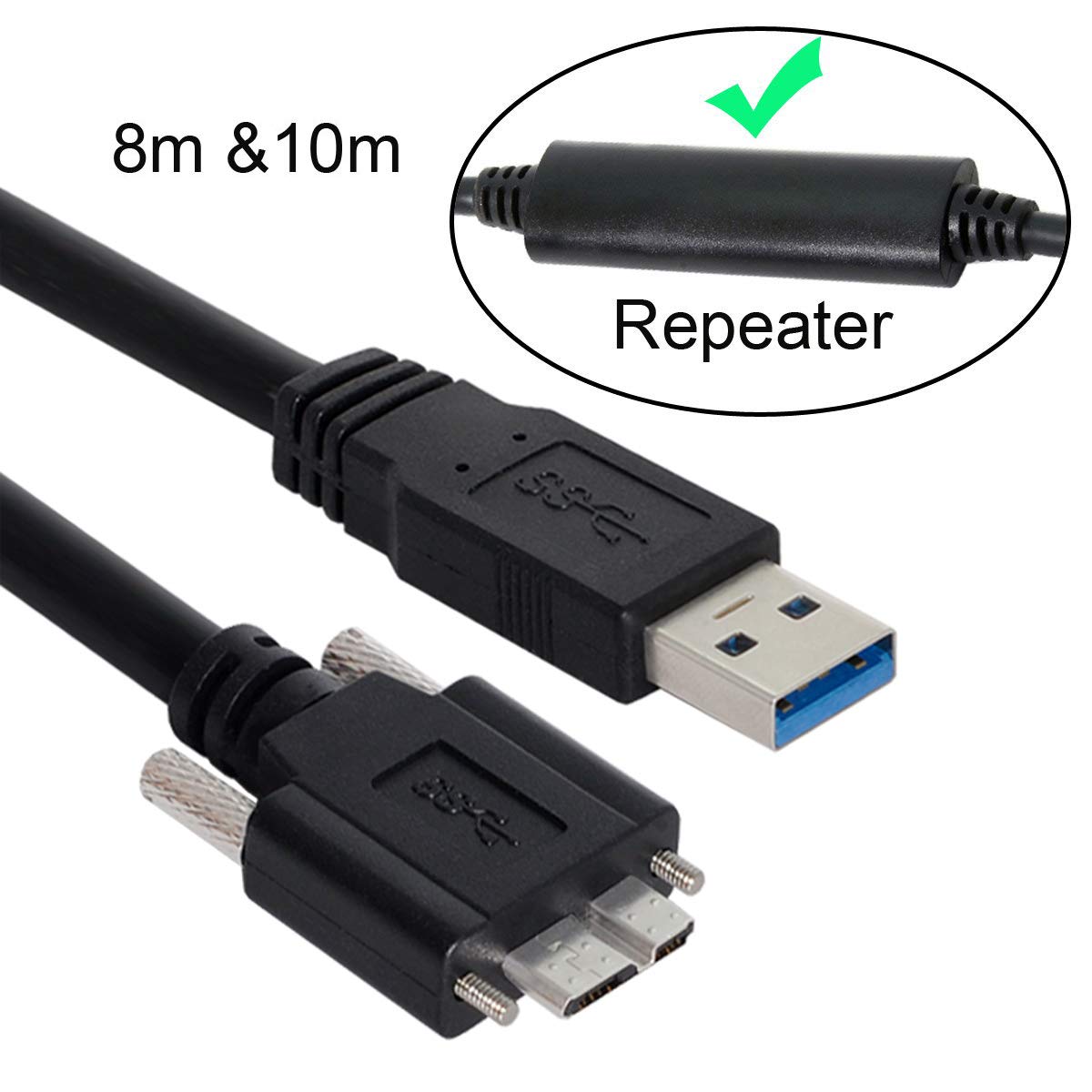 cablecc Cable repetidor USB 3.0 A macho a Micro USB 3.0 B macho con tornillos de fijación para la cámara (8 m)