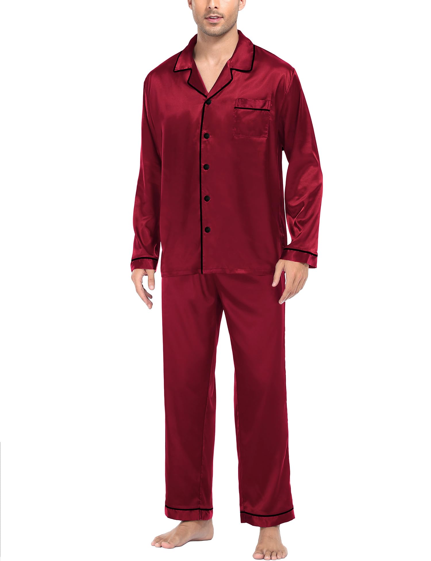 SWOMOG Mens Silk Satin Pajamas Set Long Sleeve Sleepwear Button-Down Pj Two-piece Loungewear with Long Pants S-XXL
