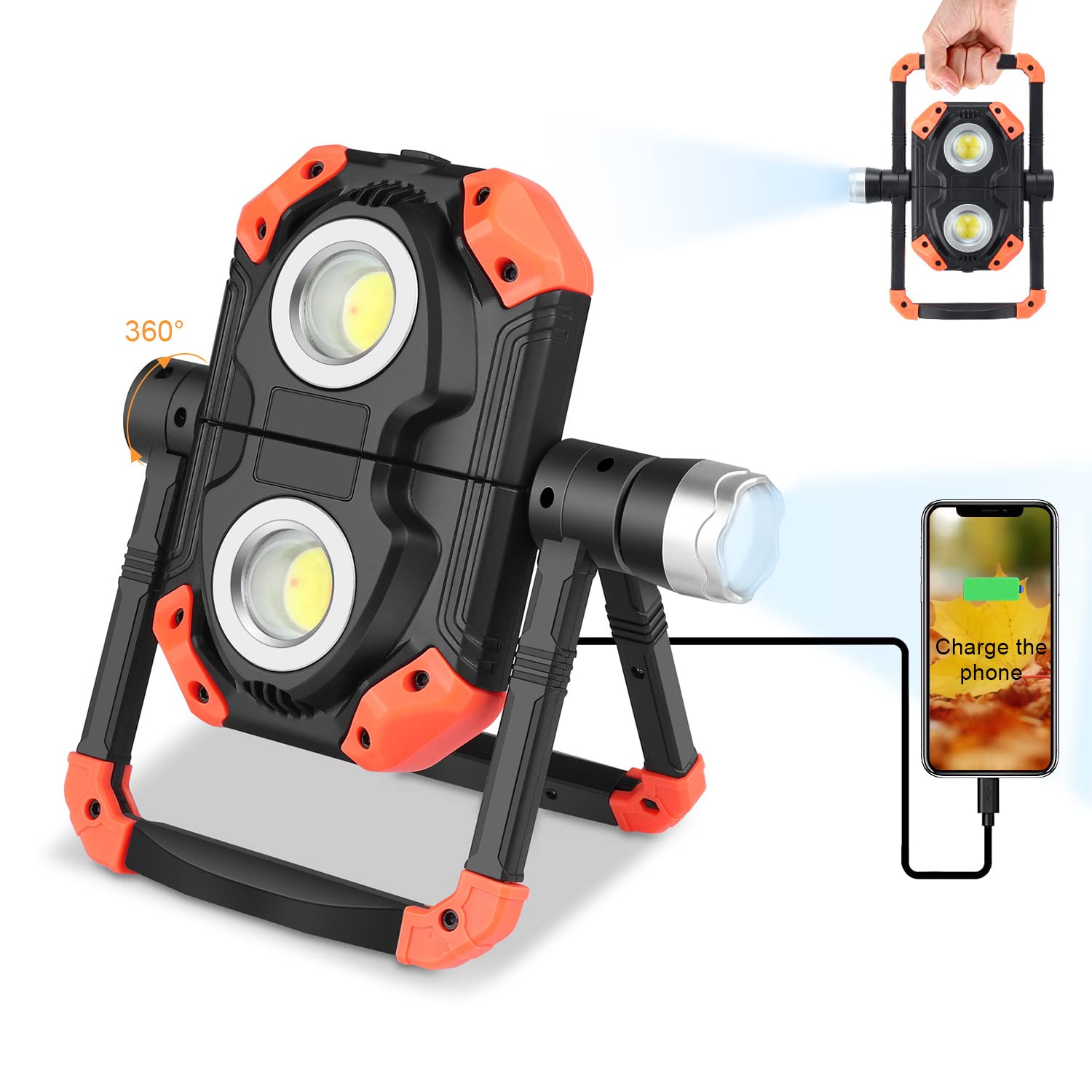 LED Job Site Lighting Work Light Rechargeable, 360° Rotation Folding Portable 5 Modes USB Working Lights, 2 COB 1150 LM Magnetic Base Outdoor Flashlight for Garage Car Repairing Camping Emergency