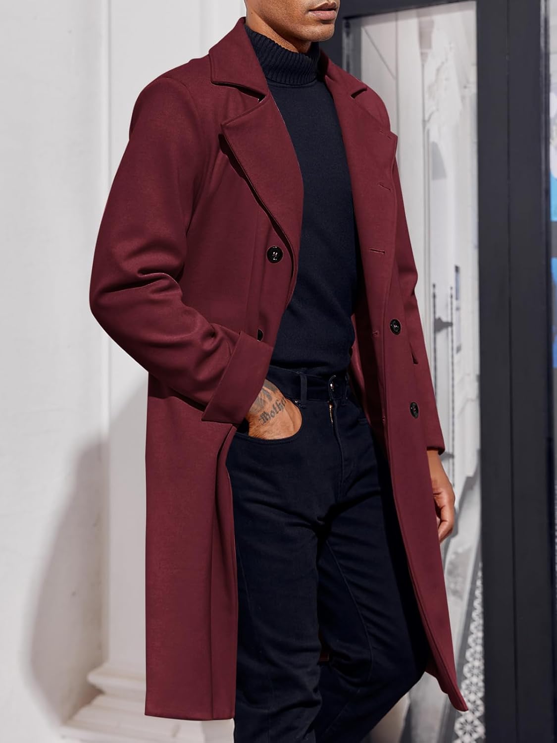 Ebifin Men's Notch Lapel Double Breasted Long Trench Coat Casual Cotton Blend Peacoat - Image 3