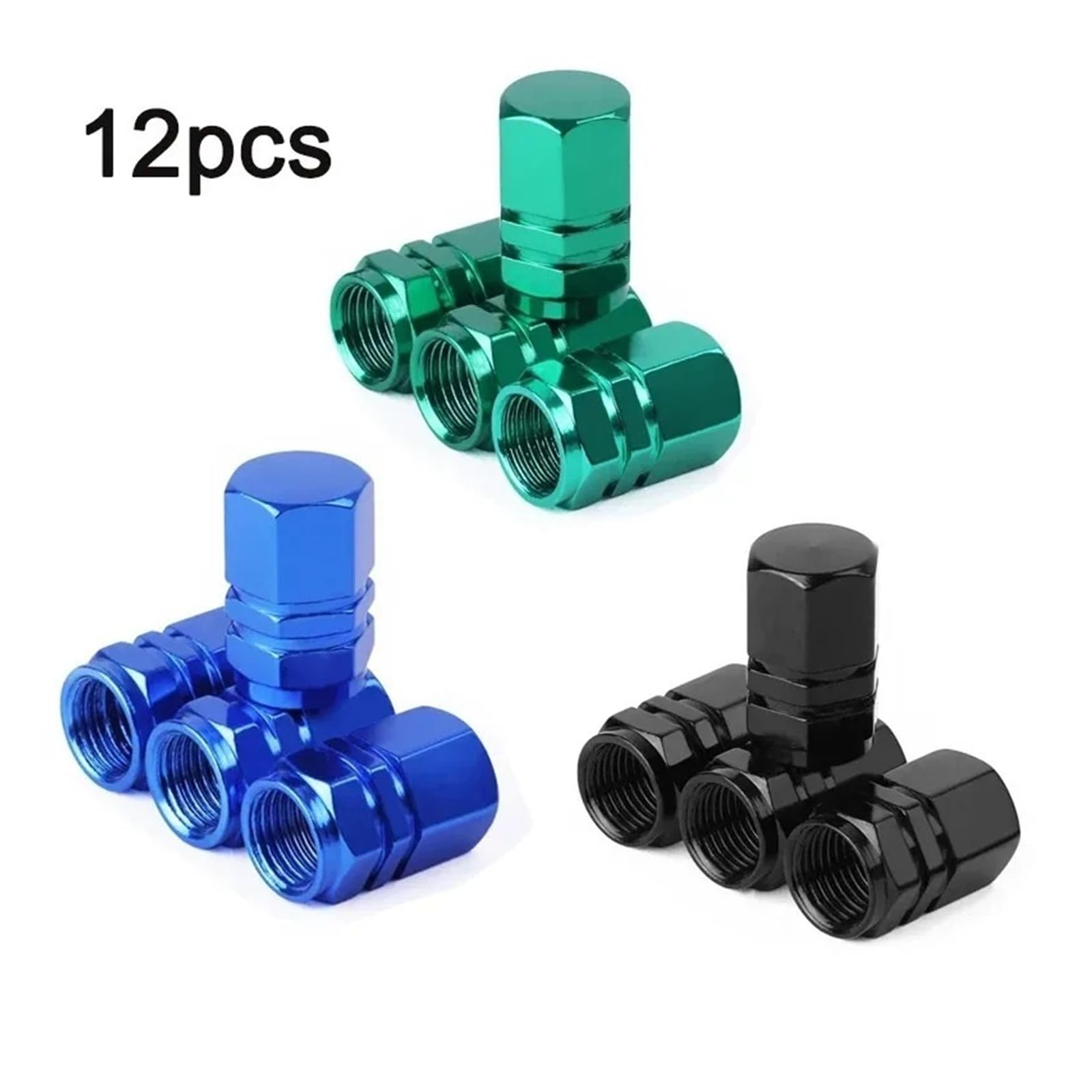 Lot de 12 bouchons de valve de pneu en aluminium étanches à la poussière pour voiture, camion, vélo (Gn-bu-bk