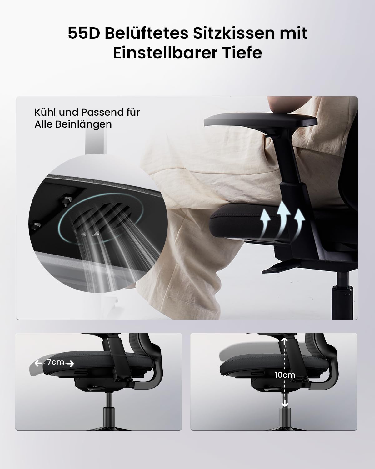 ProtoArc Flexer Ergonomischer Bürostuhl – Schreibtischstuhl mit Sitztiefenverstellung, konturiertem Sitzkissen und atmungsaktiver Netzlehne für Home Office und Büro, einfache Montage, Schwarz