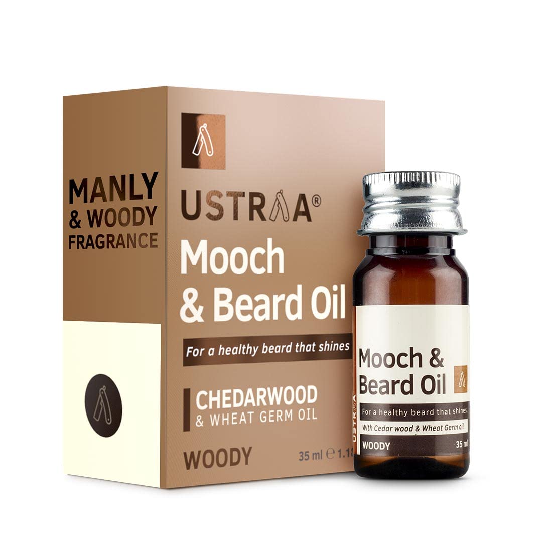 Ustraa Woody Mooch and Beard Oil – 35ml – Shine & Nourishment for beard with Cedarwood Essential Oil & Vitamin E, No Paraben