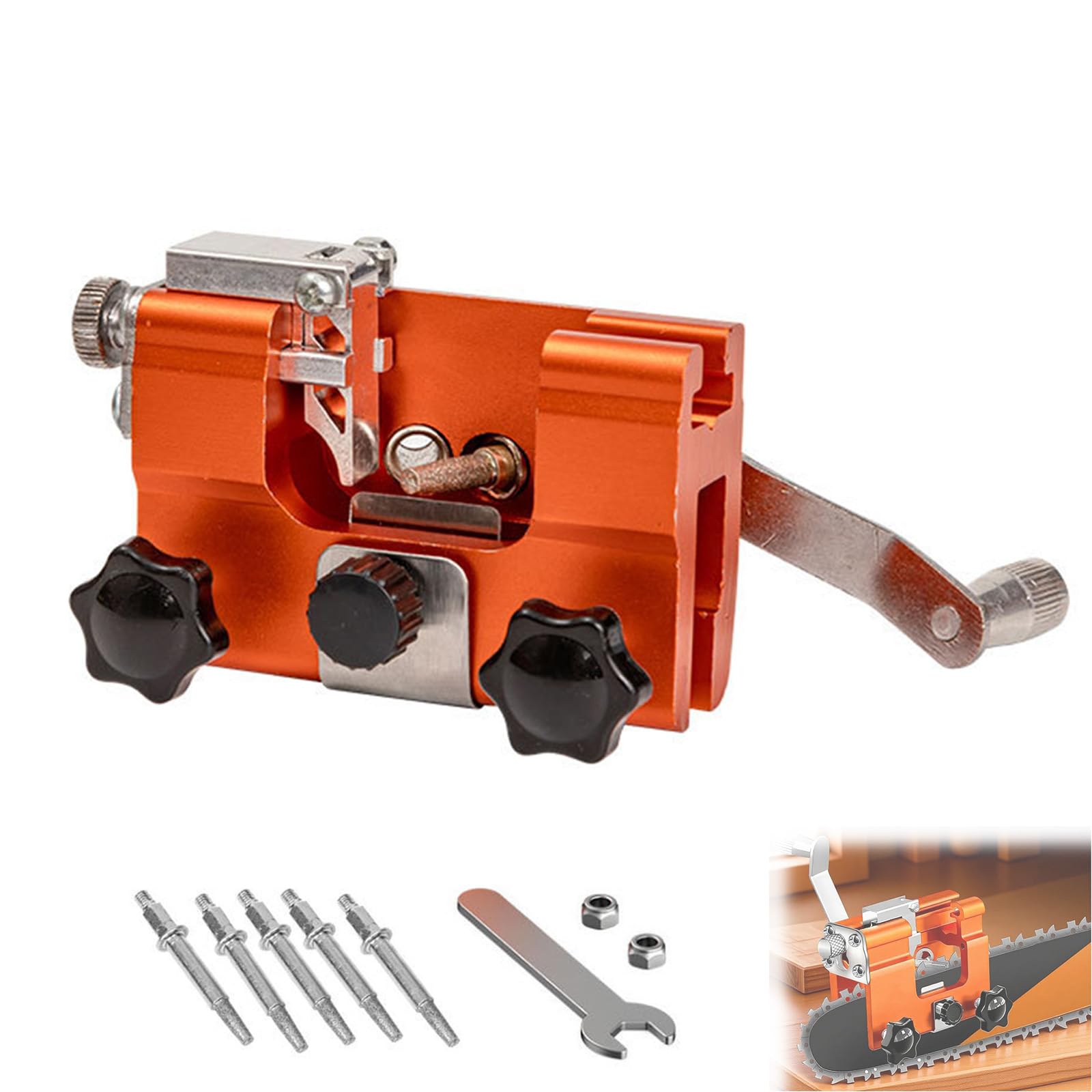 Kit de afilador de motosierra, plantilla portátil de manivela con 5 cabezales de afilado para sierras eléctricas y de gas, ideal para madereros y jardineros