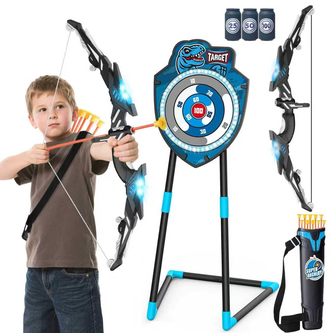 VROGTIK Kids LED Standing Archery Set with Bow & Arrows – Outdoor Sports Toy Gift for Boys & Girls Ages 4-12, Safe & Fun Target Practice Game, Blue