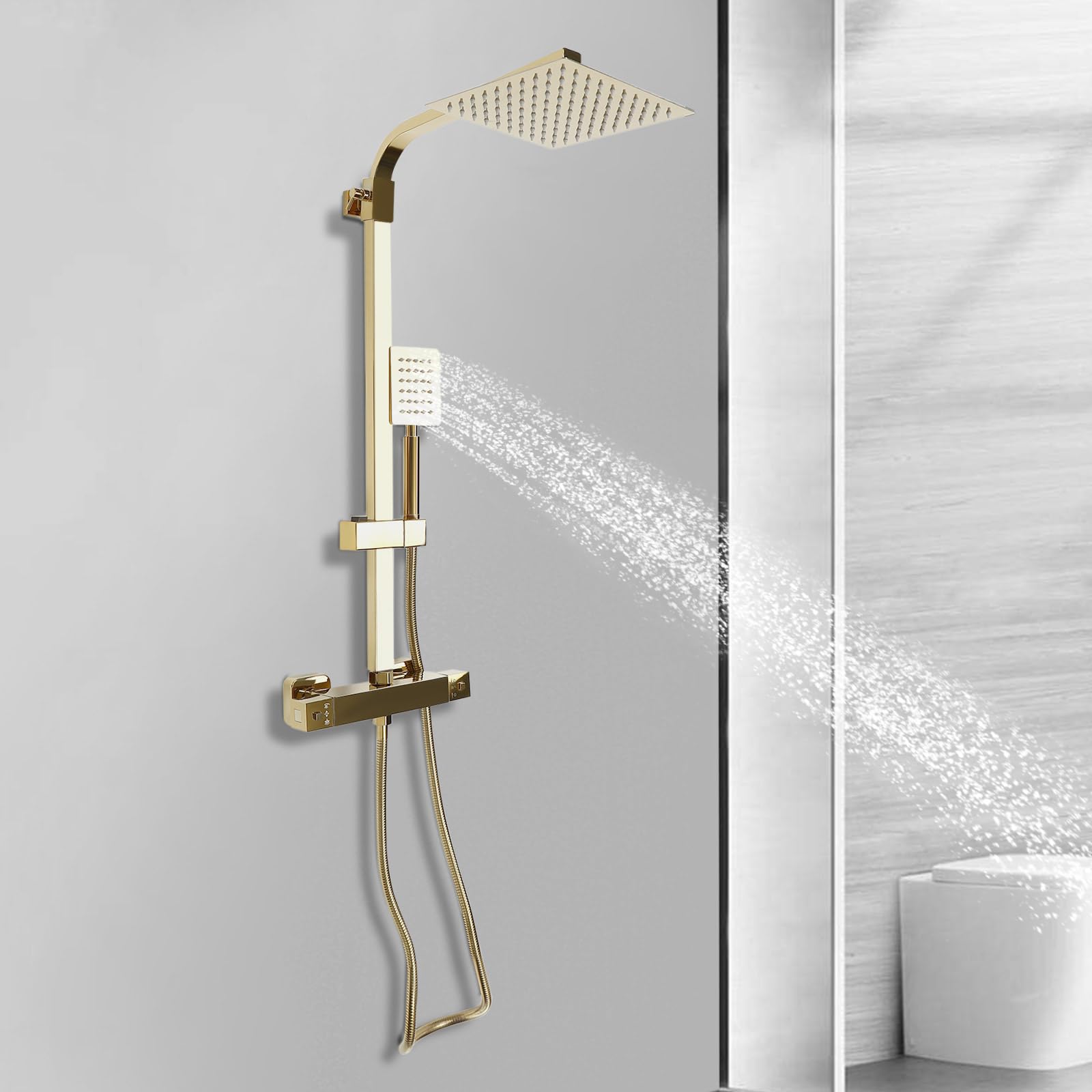 Sistema de ducha termostático 304 de acero inoxidable para baño con ducha de mano, ducha de lluvia dorada, montaje en pared, grifo de ducha de 23,5 x 7,8 cm, acero inoxidable 304, para