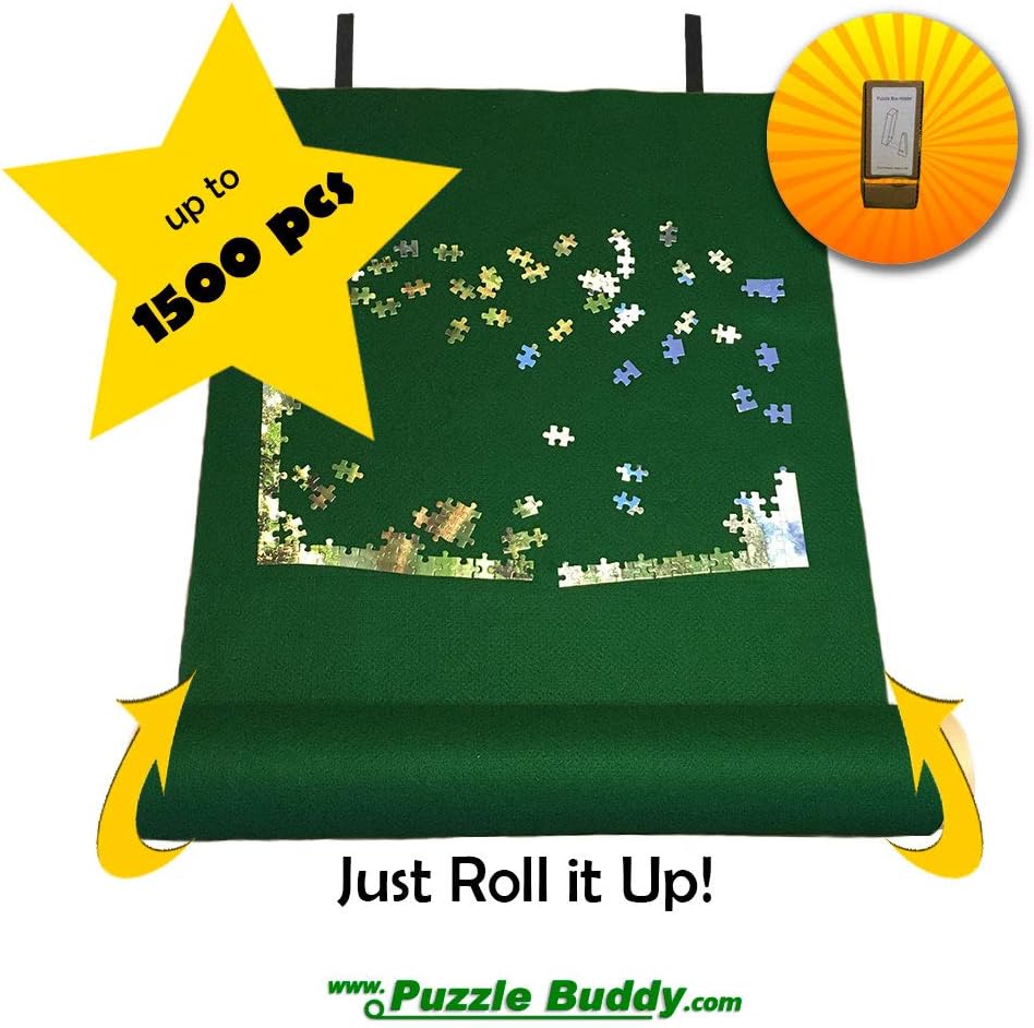 Puzzle Buddy: Jigsaw Puzzle Roll Up Felt Mat | Securely Store, Transport Unfinished Puzzles, (Includes Box Stand), Perfect for Grandparents, Grandkids and Puzzle Enthusiasts | Made In the USA - Storage Kit For Puzzles Up To 1500 Pieces, 42" x 24"