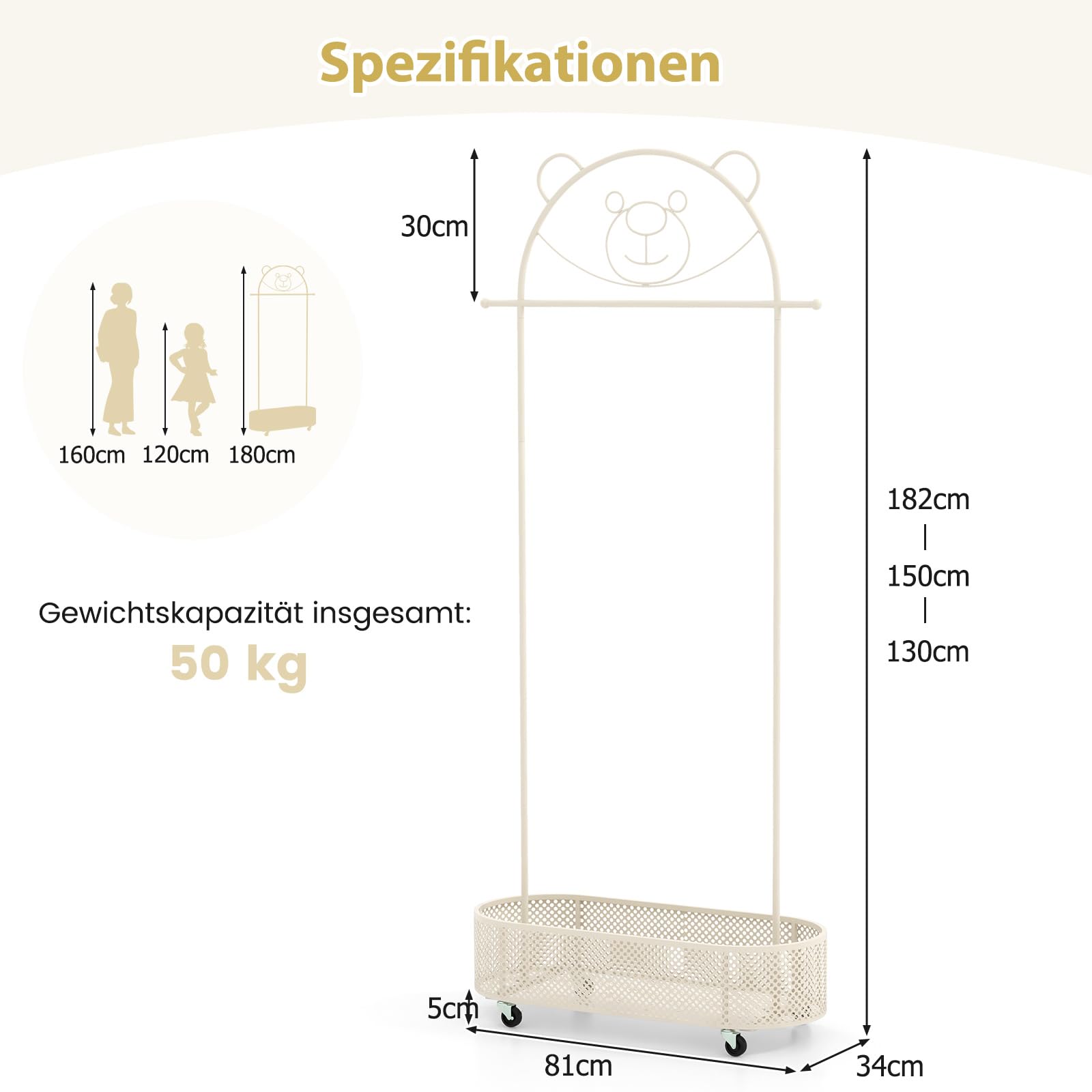 DREAMADE Kinder Kleiderständer mit Ablage & Kleiderstange, freistehender Kinder Kleiderstange auf Rollen, Höhenverstellbare Kindergarderobe aus Metall für Kinderzimmer Rosa (Weiß)