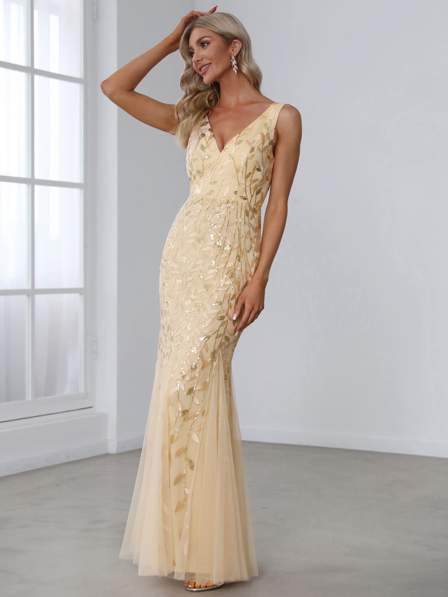 Ever-Pretty a Sirena Tul Vestido de Noche Cuello en V sin Respaldo para Mujer Dorado 46