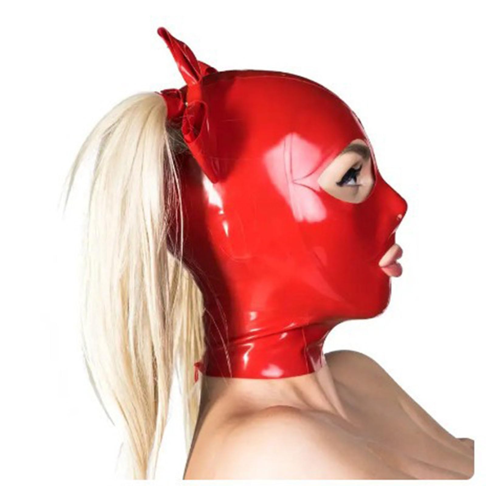 LYJIESG Latex Head Cover Red Latex Mask Latex Face Hood Rubber Head Mask Exposed Mouth for Cosplay Clubwear(Size:L-68CM)