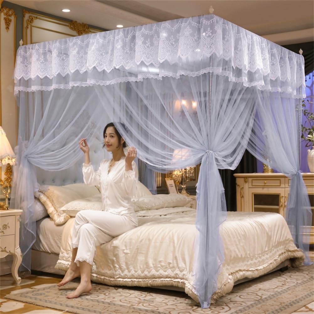 GUOIOOI Double Layer Canopy Bed Curtains, Luxury Lace Princess Style Pink 4 Corners Post Canopy Bed Cover for Girls Teens or Adults Bedroom Decoration(Grey,Full/59x79in)