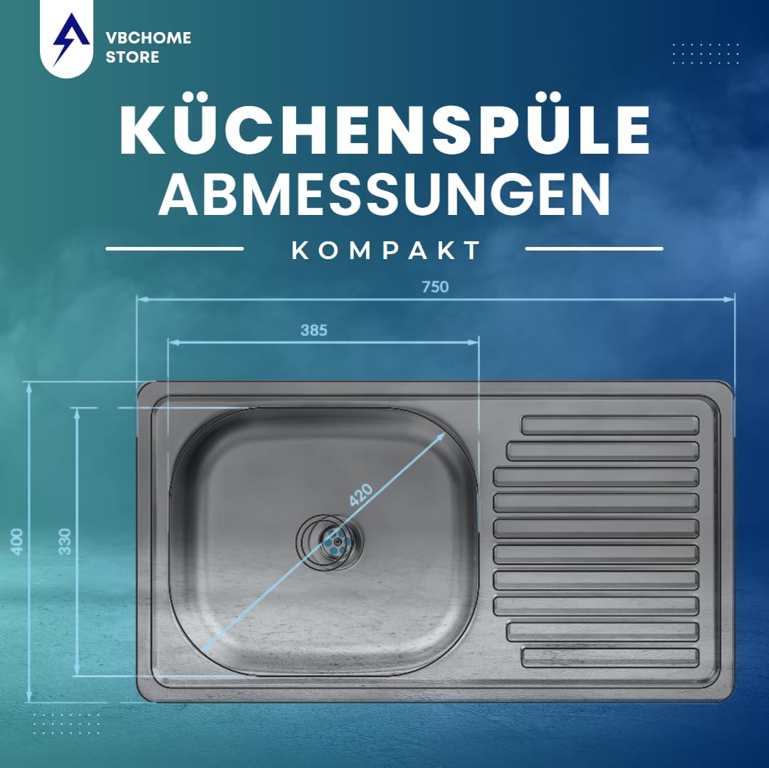 VBChome Edelstahlspüle mit Armatur 75x40x14 cm Edelstahl Glatt Küchenspüle mit Hahnloch Spüle Rechtsseitig Pflegeleichte Abtropffläche Camping Ablaufgarnitur Siphon Rechtsseitig Spül mit Armatur Inox