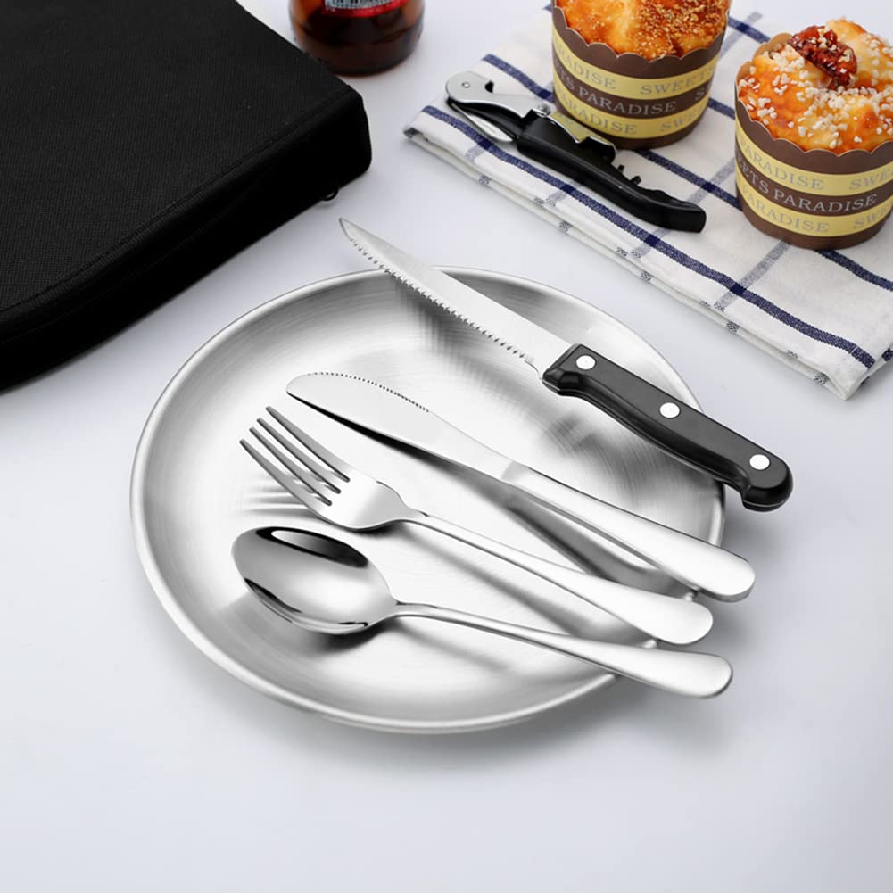 issdem Metal Camping Utensil Set, Camping Silverware Set for 2, Reusable Travel Cutlery with Case Include Knife Fork Spoon Dish and Beer Cap Opener