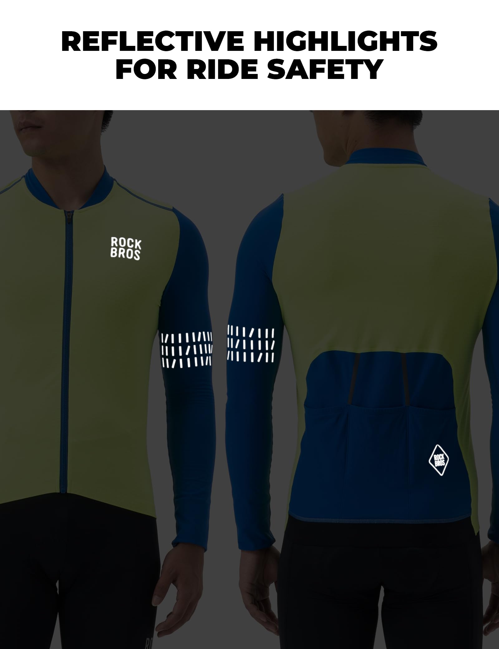 ROCKBROS Fahrradtrikot Langarm Herren Winter, Warm Fleece Radtrikot Atmungsaktiv Elastisch Mit 3 Taschen und Reflektierend Elemente für Frühling Herbst Rennrad MTB