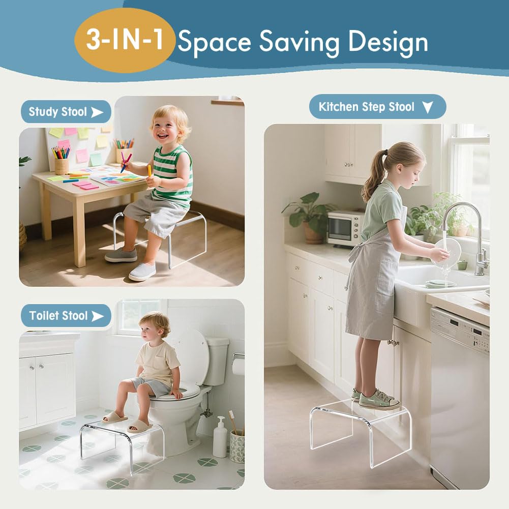 Kinder-Tritthocker, 17 cm, Tmoice Acryl, transparent, Toilettenbank, Hocker, Badezimmer-Fußhocker, Gewichtsbelastung 75 kg, geeignet für Schlafzimmer, Flur, Küche und Badezimmer