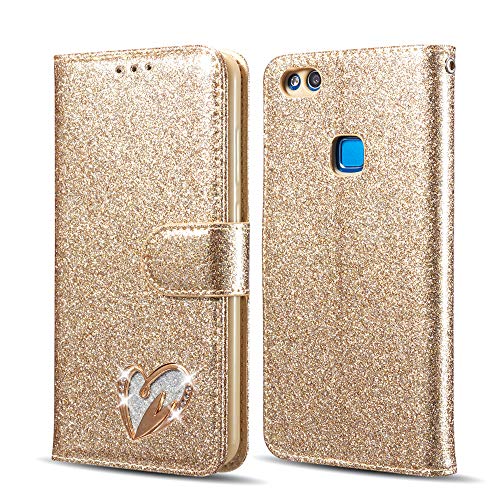 QLTYPRI - Funda de piel con tapa para Huawei con incrustaciones de corazón, TPU piel sintética, dorado, Huawei P8 lite 2017