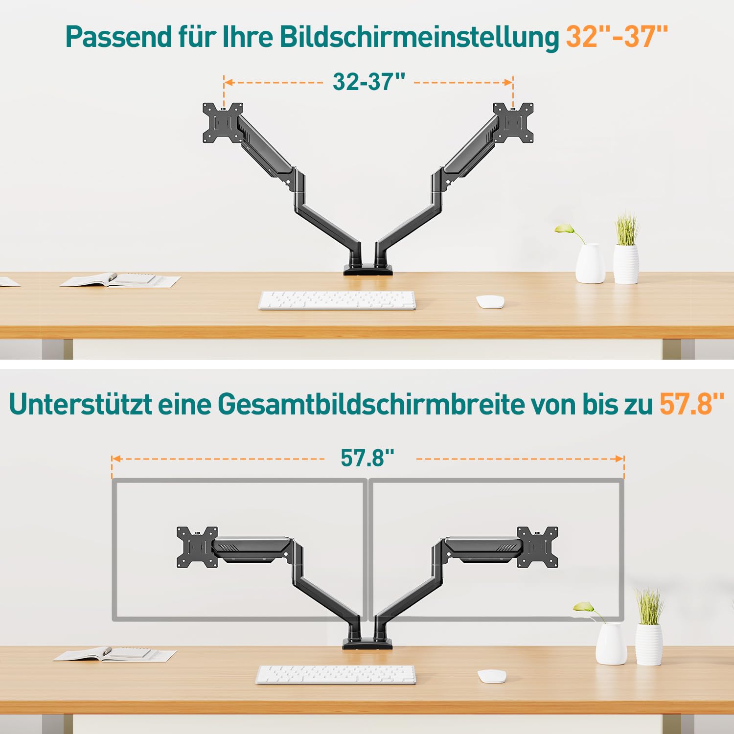 ELIVED Monitor Halterung 2 Monitore für 13-32 Zoll Bildschirme 10kg/Arm | Gasdruckfeder 2 Monitorhalterung schwenkbar 180°, Drehbar 360°, Höhenverstellbar Monitor Arm EV005