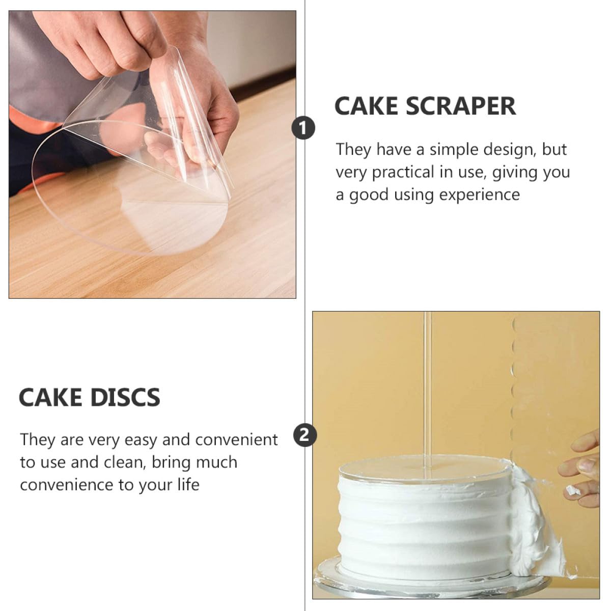 jojofuny Ensemble de 11 Pièces pour Décoration de Gâteaux en Acrylique Transparent, 6 Disques Ronds, 2 Racloirs Rectangulaires et 3 Piliers, Accessoires de Pâtisserie Professionnels