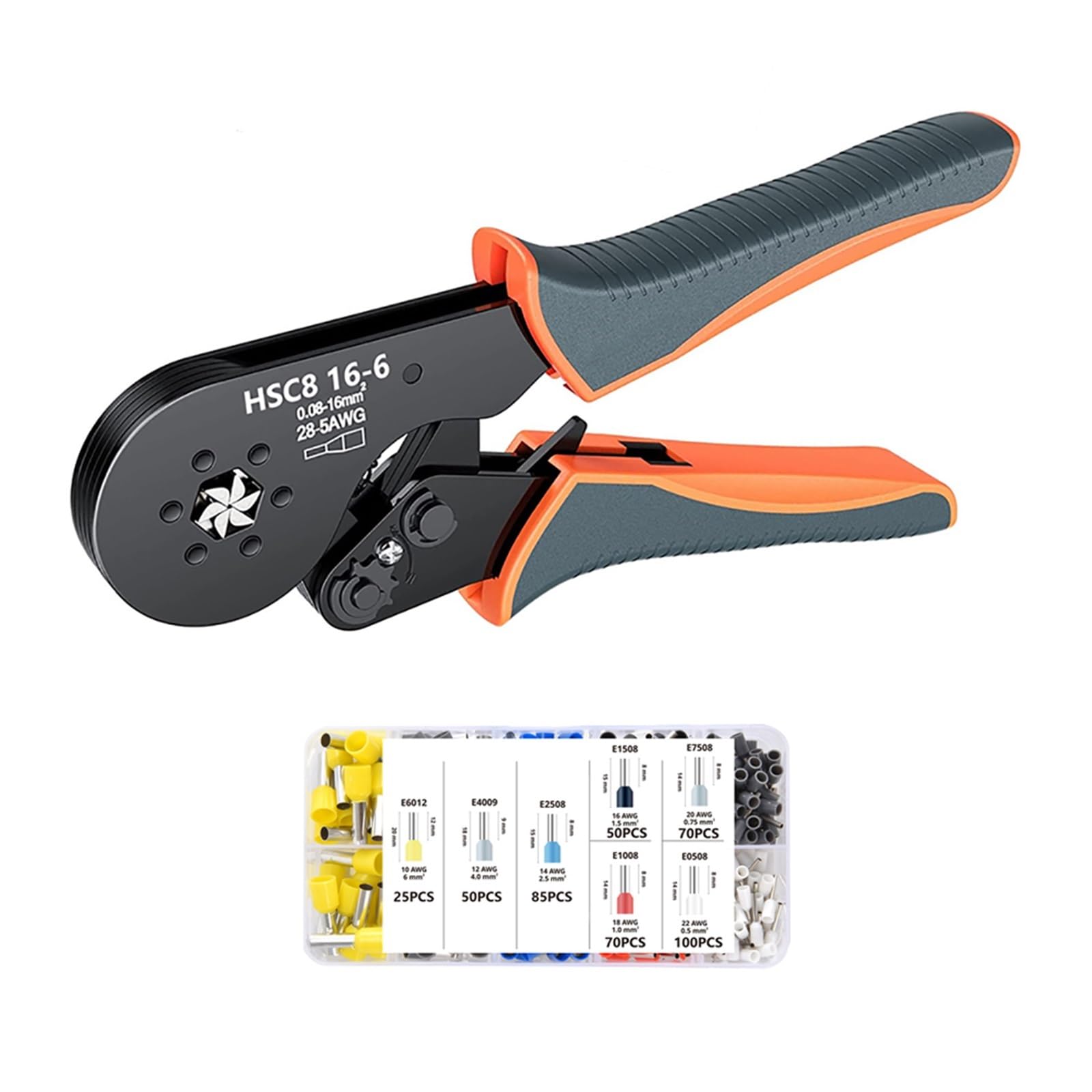 HSC8 16-6 Sześciokątne Narzędzie Do Zaciskania Tulejek Kablowych, Samoregulujące Szczypce Ratchat 0.08-16mm² Końcówek Tulejkowych Precyzyjny, OszczęDzająCy Pracę(HSC8 16-6 450PCS)